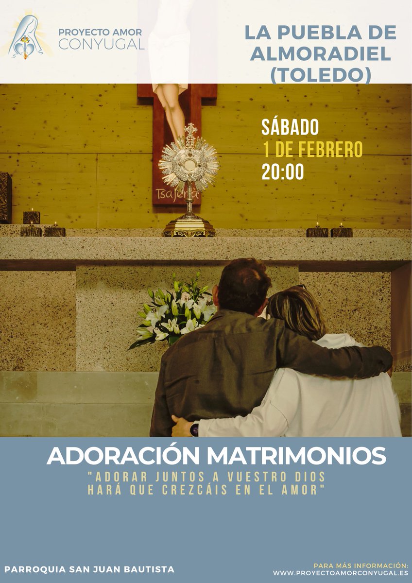 Este sábado a las 8 de la tarde, en la Iglesia parroquial tendremos Adoración de Matrimonios, el Señor os está esperando, estáis todos invitados. Aprovecha esta oportunidad.