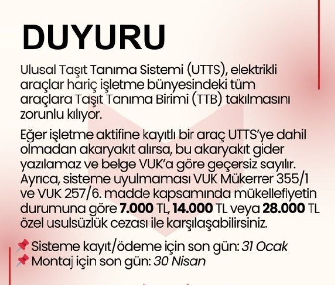 Çoğu meslektaşımız şahıs şirketi olarak faaliyet gösteriyor, öncelikle kullandığımız yakıtı gider olarak gösterebilmemiz için motorlarımıza UTTS montaj yaptırmamız gerekiyor.
Bildiğiniz üzere Hazine ve Maliye Bakanlığı, 2.5 milyon vergi mükellefinin, bünyesindeki 8 milyon aracın,