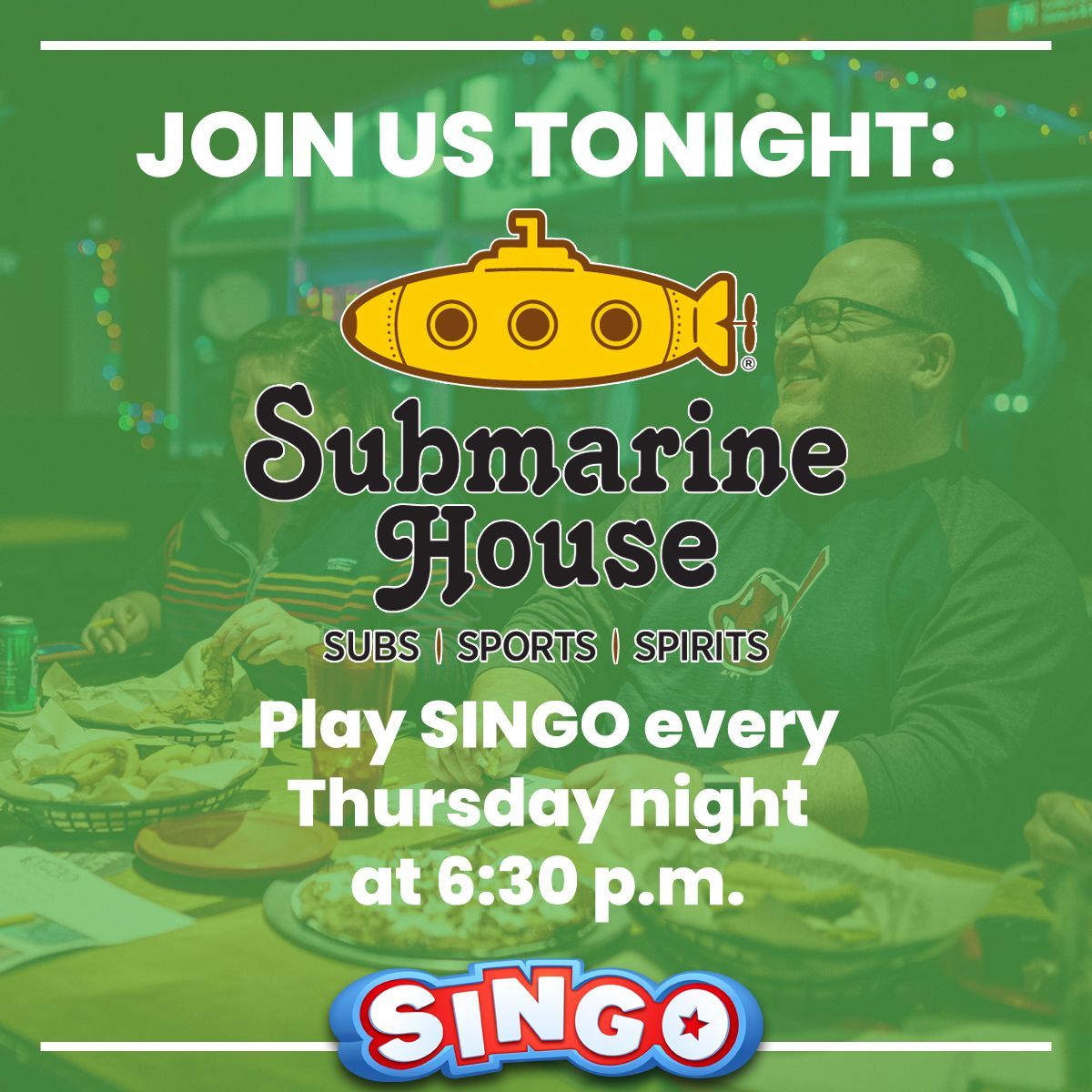 Thursdays at 6:30, we are at @submarinehouse Hilliard for a little #Singo! Come get your goodness with some delicious food and a great atmosphere before the weekend.