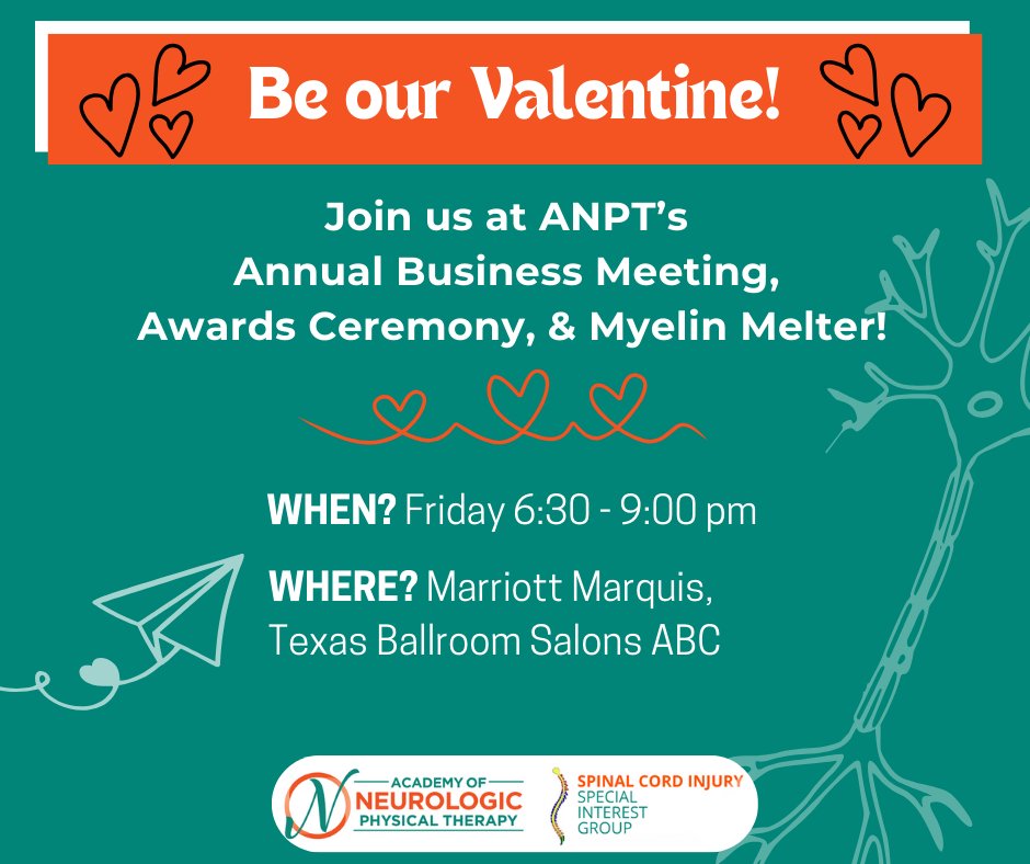 Let us be your valentine!

Join us TONIGHT (yes, Valentine’s Day! ♥️) for the <a href="/APTANeuroPT/">APTAAcademyofNeuroPT</a>'s Annual Business Meeting, Awards Ceremony, and #MyelinMelter celebrating the achievements and future of neuro PT!

<a href="/APTAcsm/">#APTACSM</a> #APTACSM
