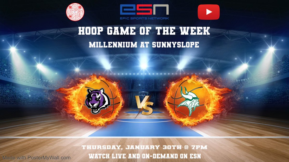 Epic Sports Network (@epicsportstv) on Twitter photo Join us TONIGHT for our Hoop Game of the Week as <a href="/MillenniumHoops/">Millennium Basketball</a> travels to battle <a href="/slopebasketball/">Sunnyslope Vikings Basketball</a>! We'll be LIVE at 7pm for Tipoff as <a href="/JP_Bcast/">James Poovey ๐๏ธ</a> & 7-time State Champion Head Coach Bob Fredericks call the action from Dan Mannix Gymnasium! ๐๏ธ๐๐ฅ
๐บ youtube.com/live/y4hsYz0zvโฆ Join us TONIGHT for our Hoop Game of the Week as <a href="/MillenniumHoops/">Millennium Basketball</a> travels to battle <a href="/slopebasketball/">Sunnyslope Vikings Basketball</a>! We'll be LIVE at 7pm for Tipoff as <a href="/JP_Bcast/">James Poovey ๐๏ธ</a> & 7-time State Champion Head Coach Bob Fredericks call the action from Dan Mannix Gymnasium! ๐๏ธ๐๐ฅ
๐บ youtube.com/live/y4hsYz0zvโฆ