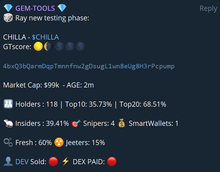 Mag_gems's tweet photo. 🚀 Our Printer Tools Just Spotted a GEM! 🔥

Our sniping bot @gem_tools detected $CHILLA @chillaonsol at $99K MC – and it rocketed to $12M in just minutes! 📈💎

4bxQ3bQarmDqpTmnnfnw2gDsugL1wn8eUg8H3rPcpump

That's a quick x120+ – meaning a $100 investment could have turned into $12K at ATH in less than 5 minutes! 😱💰

Don't miss the next big play – Join our TG now! 🚀🔗 #Solana #GemTools #Crypto #100x #CHILLA
