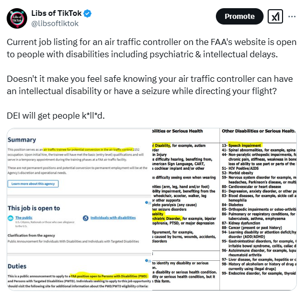 This is what Trump was referring to when he called out the FAA for their DEI hiring practices to hire people with “severe psychiatric and intellectual disabilities.”

It's real. You can't make this up.