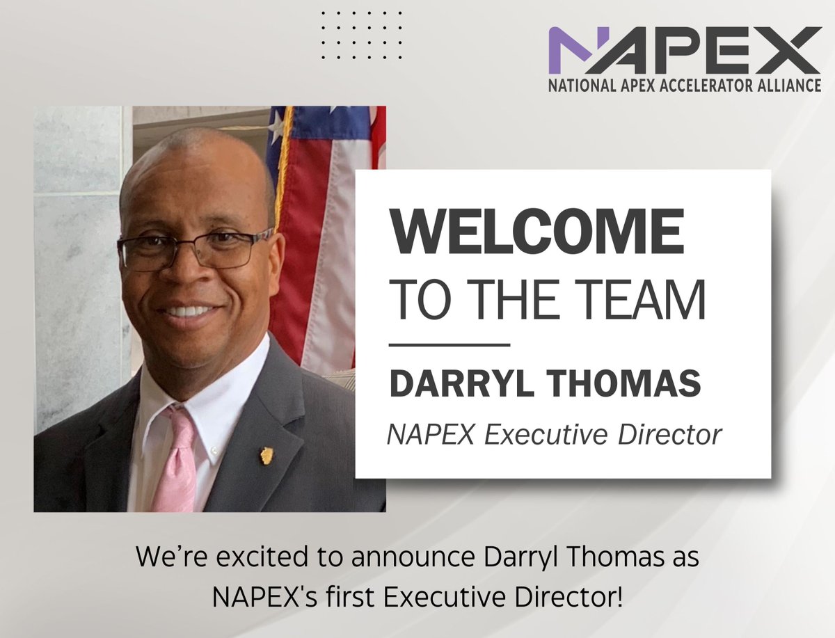 NAPEX_Alliance's tweet image. We are thrilled to announce that Darryl Thomas has accepted the position of NAPEX&apos;s first executive director! 

Learn more in our January 2025 News section of our about page: buff.ly/4hdSDAA.

#APEXAccelerators #NAPEX #GovernmentContracting #NAPEXNews