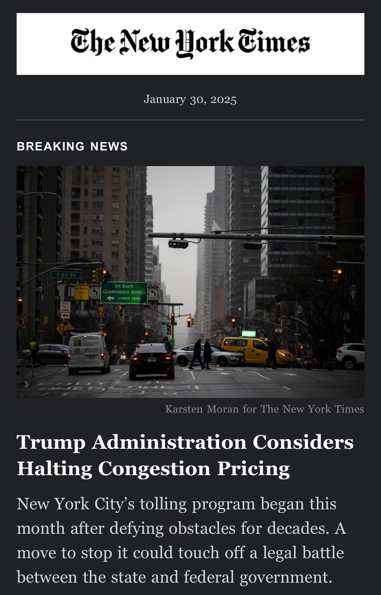 dcorreab's tweet photo. The Trump adm. potential intervention to halt NYC’s congest pricing CP raises several concerns in terms of mobility &amp; transp. policy governance. 
From a technical perspective, halting CP in NY would be a setback for sust urban mobility, traffic management &amp; public transit funding https://t.co/0XatdpYAVu