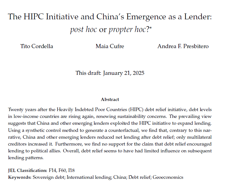 🚨Happy to finally post a draft a new <a href="/cepr_org/">CEPR</a> paper on sovereign #debt relief and Chinese lending with Tito Cordella (<a href="/SAISHopkins/">Johns Hopkins SAIS</a>) and Maia Cufre.

We challenge the prevailing view suggesting that China and other emerging lenders exploited debt relief under the HIPC initiative