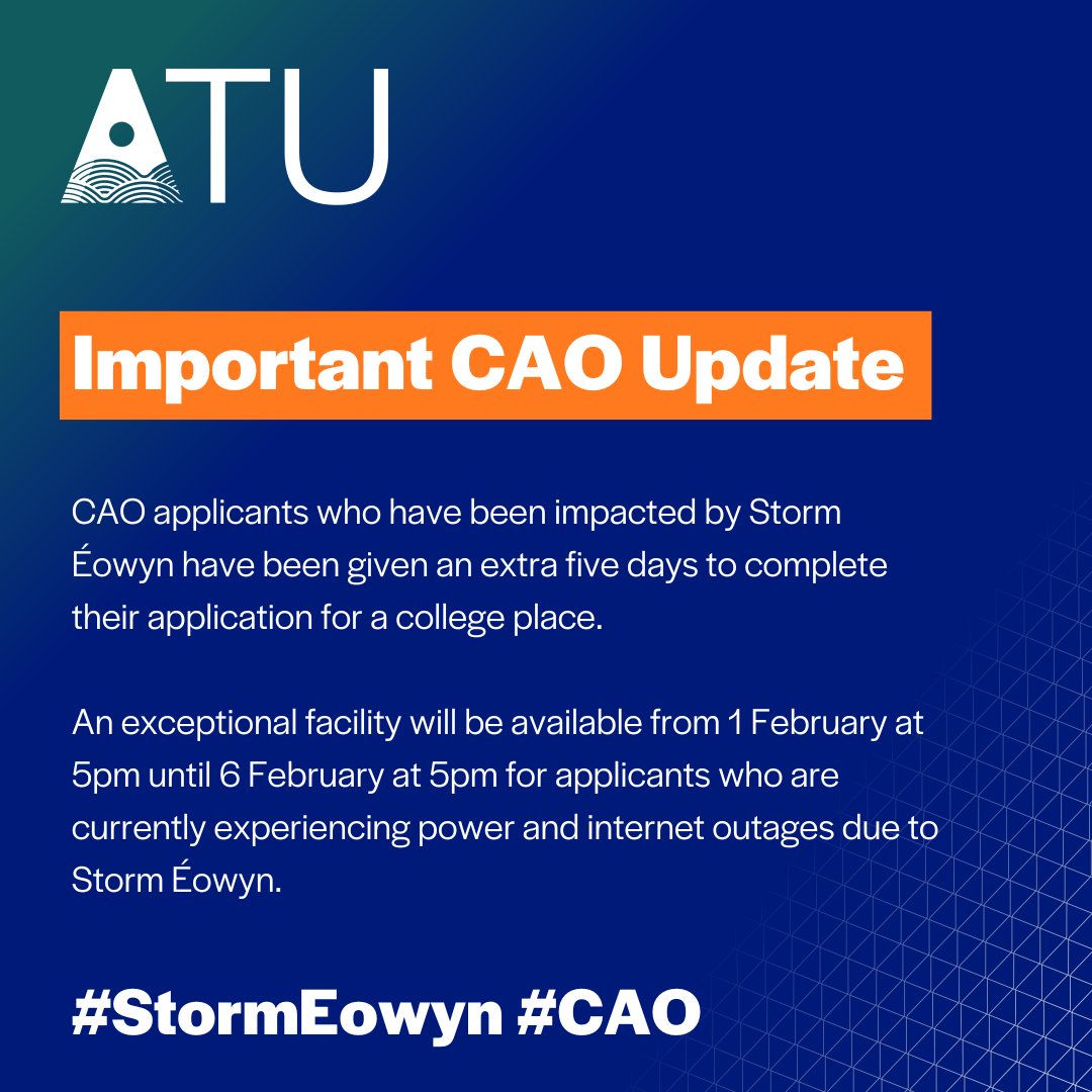 ⚠️The CAO have just announced an exceptional late application facility for those who have been affected by Storm Eowyn, giving them until 6 February at 5pm to submit an application 🗓️ To apply go to cao.ie 

Read more here 👉 rte.ie/news/ireland/2…