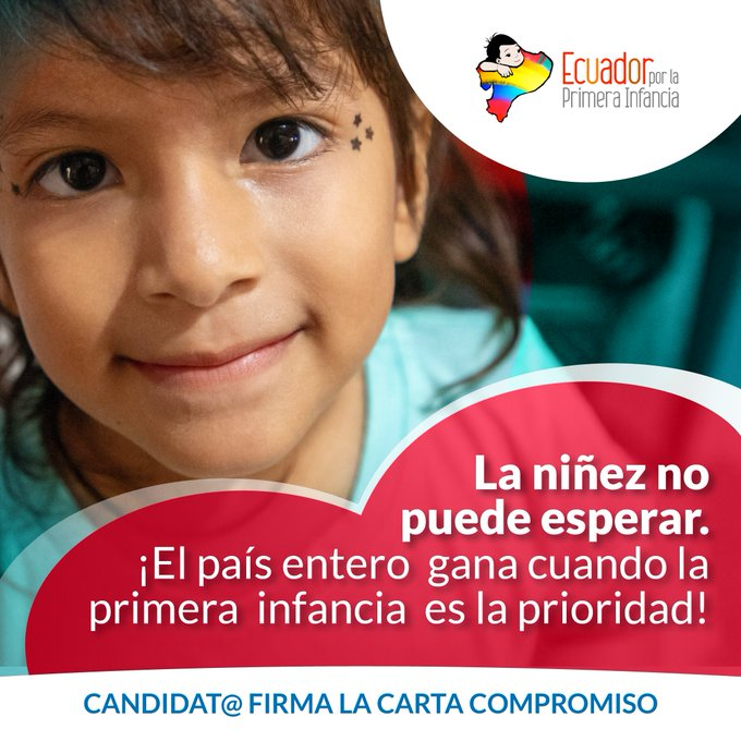 Si esta sociedad quiere realmente abandonar el subdesarrollo, la niñez debe estar en el centro de las políticas públicas. Actuemos hoy para que el mañana sea mejor.
#LaPrimeraInfanciaEsPrioridad

<a href="/LuisaGonzalezEc/">Luisa González</a> <a href="/DanielNoboaOk/">Daniel Noboa Azin</a> <a href="/AndreGonzalezNa/">AndreaGonzalezNader</a> <a href="/PedritoExtranja/">Pedro Granja</a> <a href="/rabascallcarlos/">Carlos Rabascall</a>