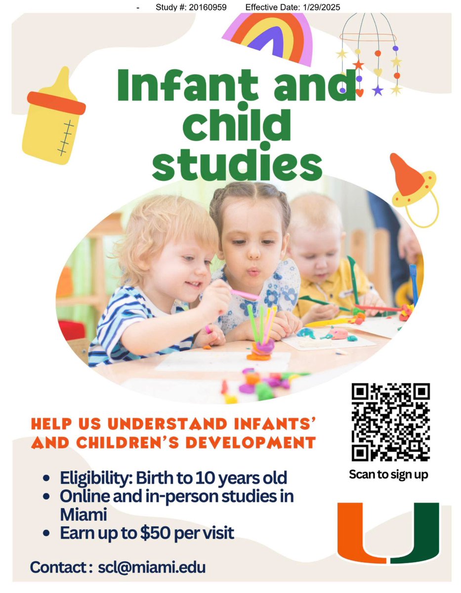 Expecting a baby or have a little one under age 10? We have paid &amp; online studies! Free parking, play area for siblings, gift cards, &amp; prizes. Appointments at your convenience. To learn more, email SCL@miami.edu or sign up: umiami.qualtrics.com/jfe/form/SV_0l… <a href="/UMiamiPsych/">UMiami-Psychology</a>