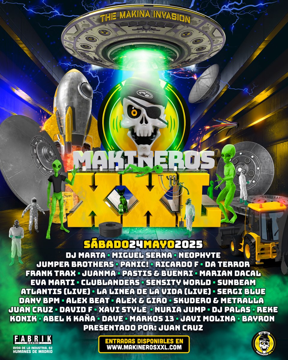 ☠️ MAKINEROS XXL 👽"The Makina invasion"🛸 Fabrik, Madrid.
👉🏼 Entradas YA a la venta en MakinerosXXL.com / Solo las primeras 1.000 entradas a 27,50 (Precio final) <a href="/fabrikdiscoteca/">FABRIK</a> #Makineros #MakinerosXXL