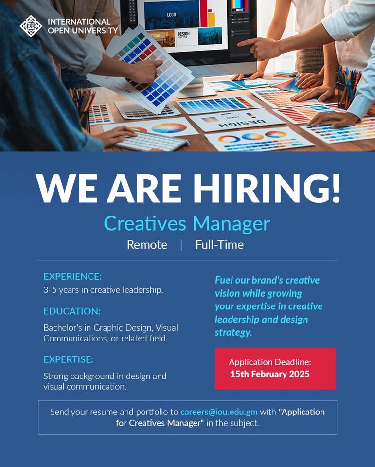 IOU_Alumni's tweet photo. Creatives Manager (Remote)

We're Hiring: Creatives Manager ! Are you ready to lead with your creativity and vision? We're looking for a dynamic Creatives Manager to join our team! https://t.co/v20IvZ5141
