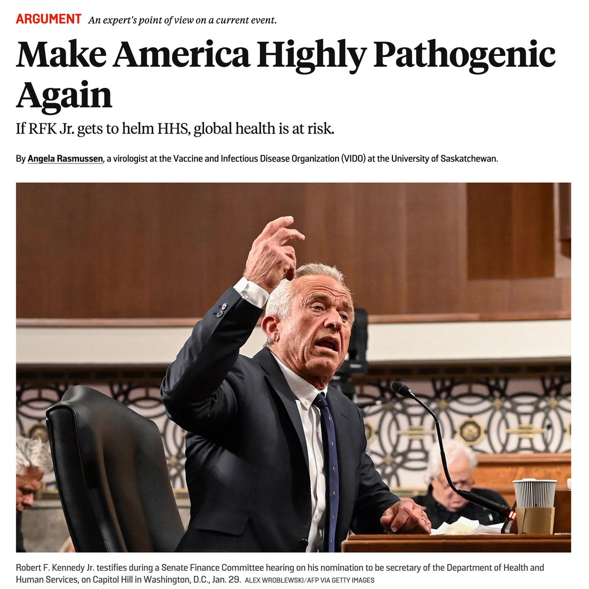 Dr. Angela Rasmussen (@angie_rasmussen) on Twitter photo Out today in <a href="/ForeignPolicy/">Foreign Policy</a>: I wrote about what will happen if there is an H5N1 pandemic with Robert F Kennedy, Jr. in charge of safeguarding the health of Americans.
If RFK Jr is leading HHS & H5N1 begins spreading human to human, the deaths will be counted in millions.🧵👇 Out today in <a href="/ForeignPolicy/">Foreign Policy</a>: I wrote about what will happen if there is an H5N1 pandemic with Robert F Kennedy, Jr. in charge of safeguarding the health of Americans.
If RFK Jr is leading HHS & H5N1 begins spreading human to human, the deaths will be counted in millions.🧵👇
