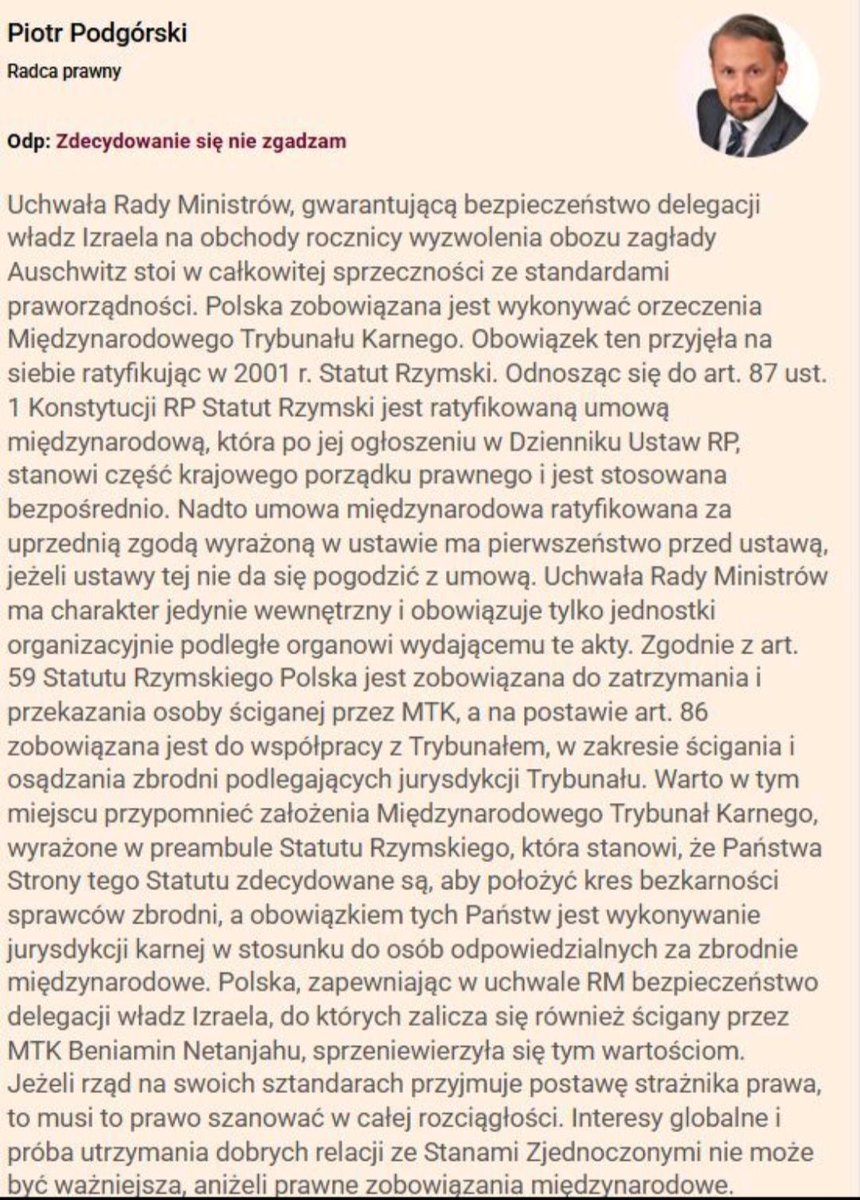 👉 Teza redakcji dziennika <a href="/rzeczpospolita/">Rzeczpospolita</a>:
"Uchwała Rady Ministrów, gwarantująca bezpieczeństwo delegacji władz Izraela na obchody rocznicy wyzwolenia obozu zagłady Auschwitz, nie stoi w sprzeczności ze standardami praworządności". 

🔗 pro.rp.pl/panel-prawniko…