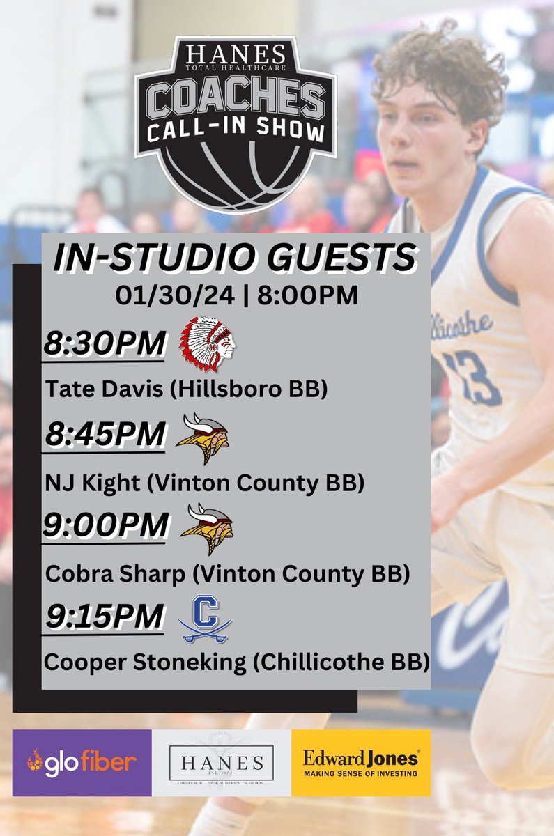 SOSA Coaches Show (@sosacoachesshow) on Twitter photo Don’t miss tonight’s show at 8 p.m. 🎧
We’ll have <a href="/GoHHSIndians/">Hillsboro Athletics</a>’ Tate Davis, <a href="/vcathdep/">Vinton County Athletic Department</a>’s NJ Kight and Cobra Sharp, and Chillicothe’s <a href="/CooperStoneking/">Cooper Stoneking</a> LIVE in studio — as well as several other coaches on the <a href="/EdwardJones/">Edward Jones</a> Call-In Line.
WATCH: youtube.com/live/1zzI9cyJr… Don’t miss tonight’s show at 8 p.m. 🎧
We’ll have <a href="/GoHHSIndians/">Hillsboro Athletics</a>’ Tate Davis, <a href="/vcathdep/">Vinton County Athletic Department</a>’s NJ Kight and Cobra Sharp, and Chillicothe’s <a href="/CooperStoneking/">Cooper Stoneking</a> LIVE in studio — as well as several other coaches on the <a href="/EdwardJones/">Edward Jones</a> Call-In Line.
WATCH: youtube.com/live/1zzI9cyJr…
