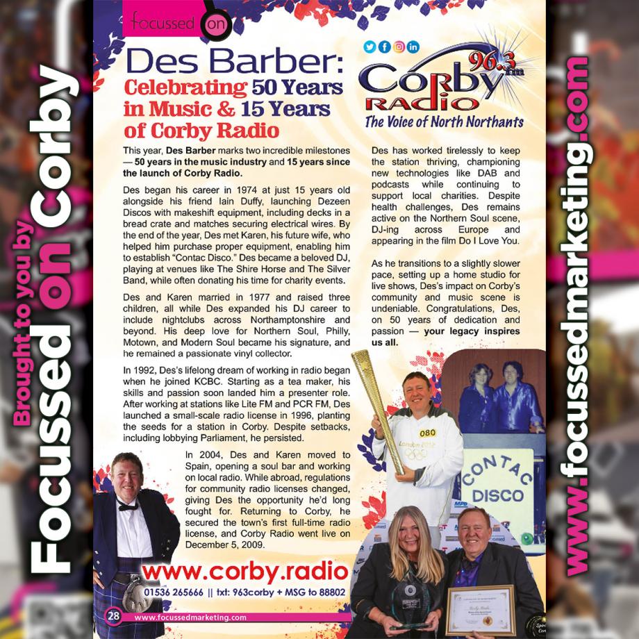 Focussedmag's tweet image. @Corbyradio963's very on Des Barber celebrates 50 Years in Music and 15 Years in Corby Radio

READ MORE ISSUES HERE:
focussedpublications.co.uk/Corby

#FocussedonCorby #LoveCorby #CommunityMagazine #Quizzes #Competitions #LocalInformation #CorbyRadio #Advertising #Mark...