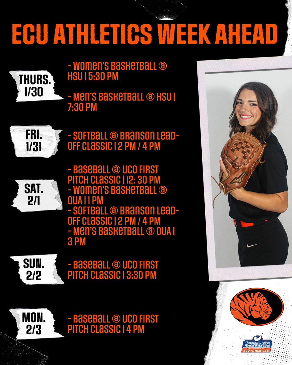 ECU Athletics is hitting the road this weekend for an action-packed start to the spring season! ⚾️🥎🏀

Baseball and softball kick off their seasons in Edmond and Branson, while men's and women's basketball are in Arkansas facing off against Henderson and Ouachita Baptist! 🐅