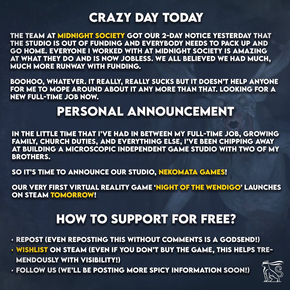 Brad Boice (@bradboicedesign) on Twitter photo Please support EVERYONE affected by the closure, not just me. The entire <a href="/12am/">Midnight Society</a> team is RIDICULOUSLY talented. Seriously an absolutely killer team that I would be lucky and honored to work with again. Everyone is figuring out what to do next and is looking for support! Please support EVERYONE affected by the closure, not just me. The entire <a href="/12am/">Midnight Society</a> team is RIDICULOUSLY talented. Seriously an absolutely killer team that I would be lucky and honored to work with again. Everyone is figuring out what to do next and is looking for support!