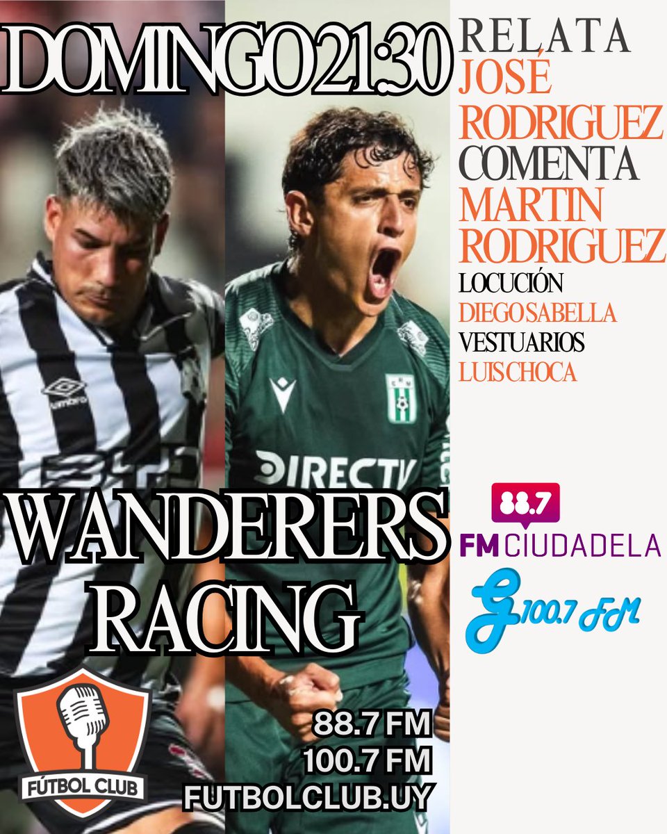 DOMINGO!
De <a href="/LigaAUF/">Liga AUF Uruguaya</a> en <a href="/futbolclubuy/">Fútbol Club</a> por nuestras plataformas

🕓 21:30
⚽ <a href="/mwfc_oficial/">Montevideo Wanderers</a> vs <a href="/RacingClubUru/">Racing Club de Mvdeo.</a> 

🗣️Relatos <a href="/JRodriguezRey/">José  Rodríguez Rey</a> 
🗣️Comentarios <a href="/jemartinr/">Martin R</a> 

ESCÚCHANOS EN👇
📻 100.7 FM
📱 Futbolclub.uy
📱 youtube.com/watch?v=5rJLxB…