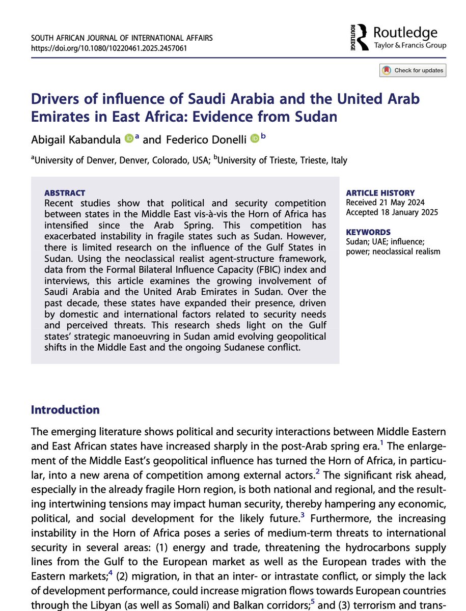 fededonelli's tweet photo. πHow do #SaudiArabia & the #UAE shape Sudanβs #political & #security landscape?
My #article with @Kabandula explores their growing #influence using the #FBIC #index.
Read more on their #strategic maneuvers amid Sudanβs ongoing #war.
Pdf: https://t.co/Yl9wg0ddyM https://t.co/3D0Y8bVyA2