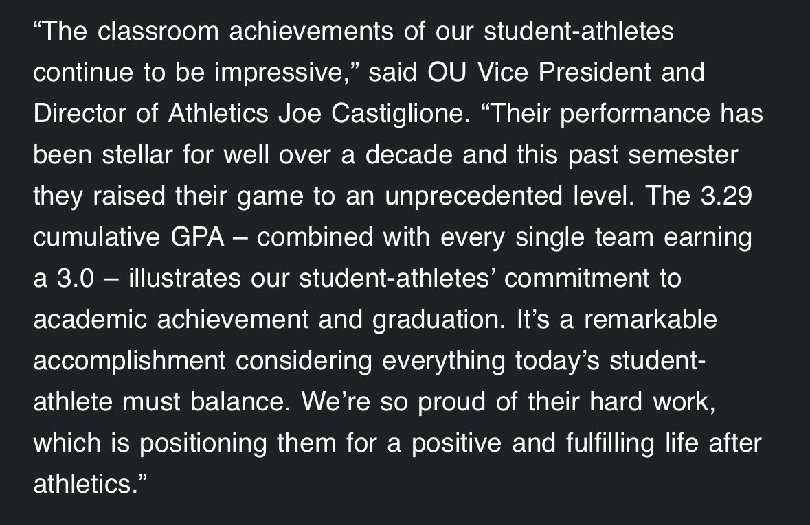 BoomerBackfield's tweet photo. OU Athletes as a whole in Fall 24 had the highest semester GPA in OU History at 3.29.

This needs to lower immediately. Sport over academics. I would much rather have a national title than this. https://t.co/ubToZVhkPH