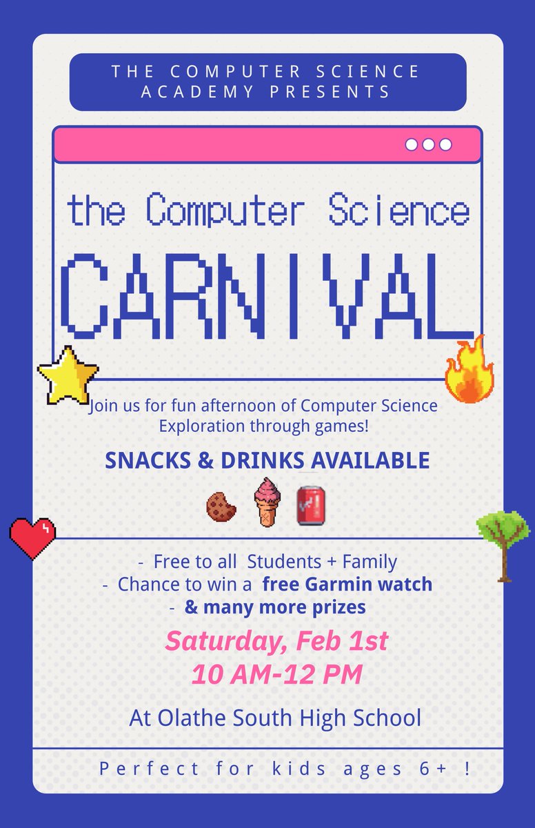 21stCompSciAcademy (@olathecompsci) on Twitter photo Join us this Saturday at the Computer Science Carnival where your elementary students can explore computer science concepts through a variety of fun games and activities organized by our computer science students at <a href="/OlatheSouthHS/">Olathe South HS</a> . Join us this Saturday at the Computer Science Carnival where your elementary students can explore computer science concepts through a variety of fun games and activities organized by our computer science students at <a href="/OlatheSouthHS/">Olathe South HS</a> .