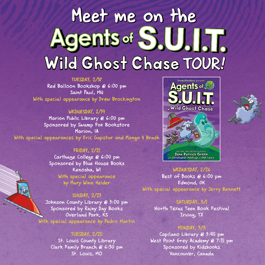 InvestiGators 🔍🐊 (@investi_gators) on Twitter photo Where in the world is InvestiGators author <a href="/johngreenart/">John Patrick Green</a>? This February, he'll be all around the U.S. to share with you the new Agents of S.U.I.T. graphic novel (which is full of ghosts and other spooky things!).
Check out the schedule here! Where in the world is InvestiGators author <a href="/johngreenart/">John Patrick Green</a>? This February, he'll be all around the U.S. to share with you the new Agents of S.U.I.T. graphic novel (which is full of ghosts and other spooky things!).
Check out the schedule here!