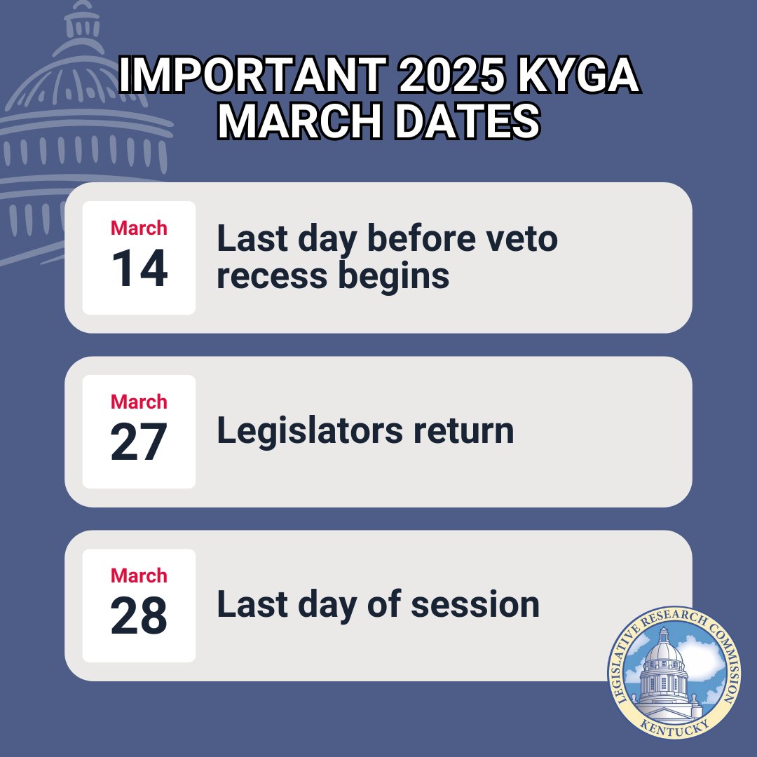 Lawmakers return to Frankfort on Tuesday to resume the 2025 legislative session. Here are key dates to remember for the second part of #kyga25! For the full session calendar, which is subject to change, visit: legislature.ky.gov/Documents/25RS….