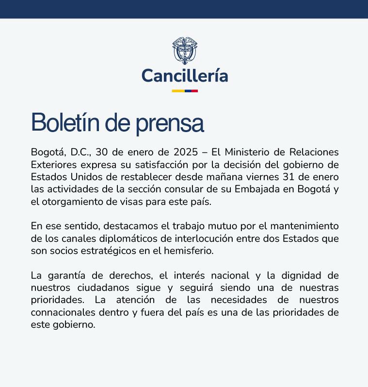 #Atención | La Cancillería confirma que mañana 31 de enero se normalizarán los servicios en el Consulado de Estados Unidos en Bogotá >> wradio.com.co