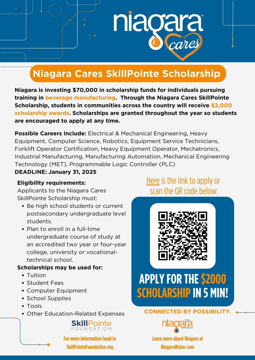🚨 Scholarship Opportunity! 🚨
💰 $2,000 scholarship awards
📅 Deadline: January 31, 2025

#Scholarship #NiagaraCares #STEM #Manufacturing #Education #CareerTraining