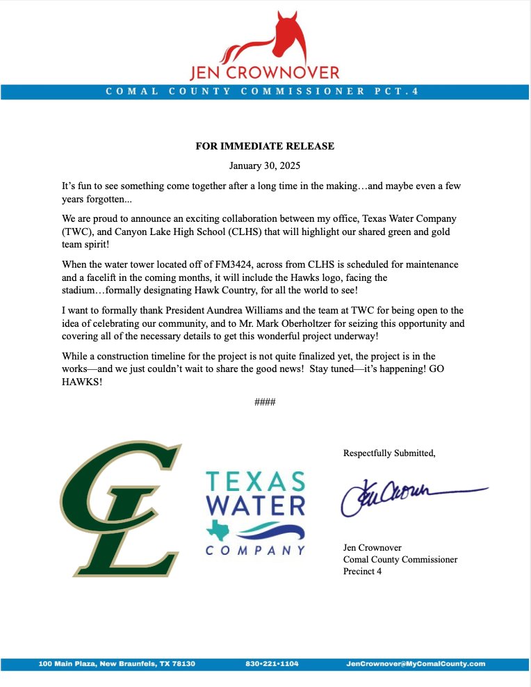 Canyon Lake Hawks (@clhs_hawks) on Twitter photo We are so excited to work with <a href="/JenCrownover/">Jen Crownover</a> and Texas Water Company to make this happen for our community. GO HAWKS!! We are so excited to work with <a href="/JenCrownover/">Jen Crownover</a> and Texas Water Company to make this happen for our community. GO HAWKS!!