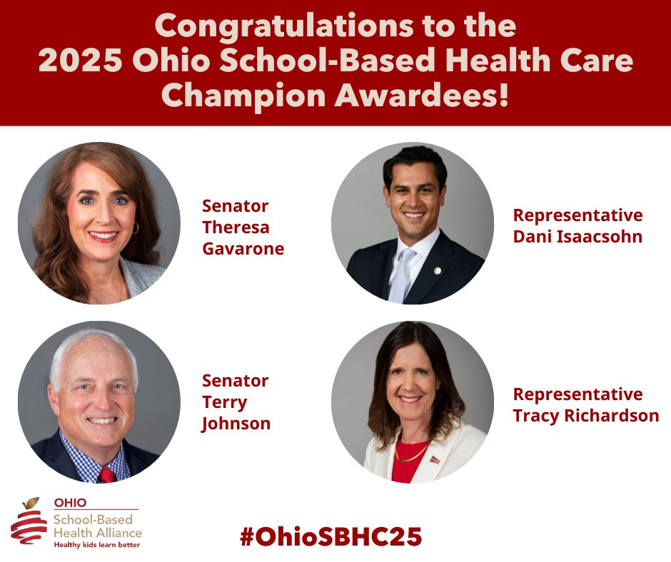 Join us in congratulating the recipients of the 2025 Ohio School-Based Health Care Champion Award, <a href="/theresagavarone/">Ohio Senator Theresa Gavarone</a> <a href="/Isaacsohn/">Dani Isaacsohn</a> <a href="/Richardson4OH/">Tracy Richardson For Ohio</a> &amp; Terry Johnson! As champions of SBHCs, we are grateful for the impact these legislators have had on Ohio’s communities. #OhioSBHC25
