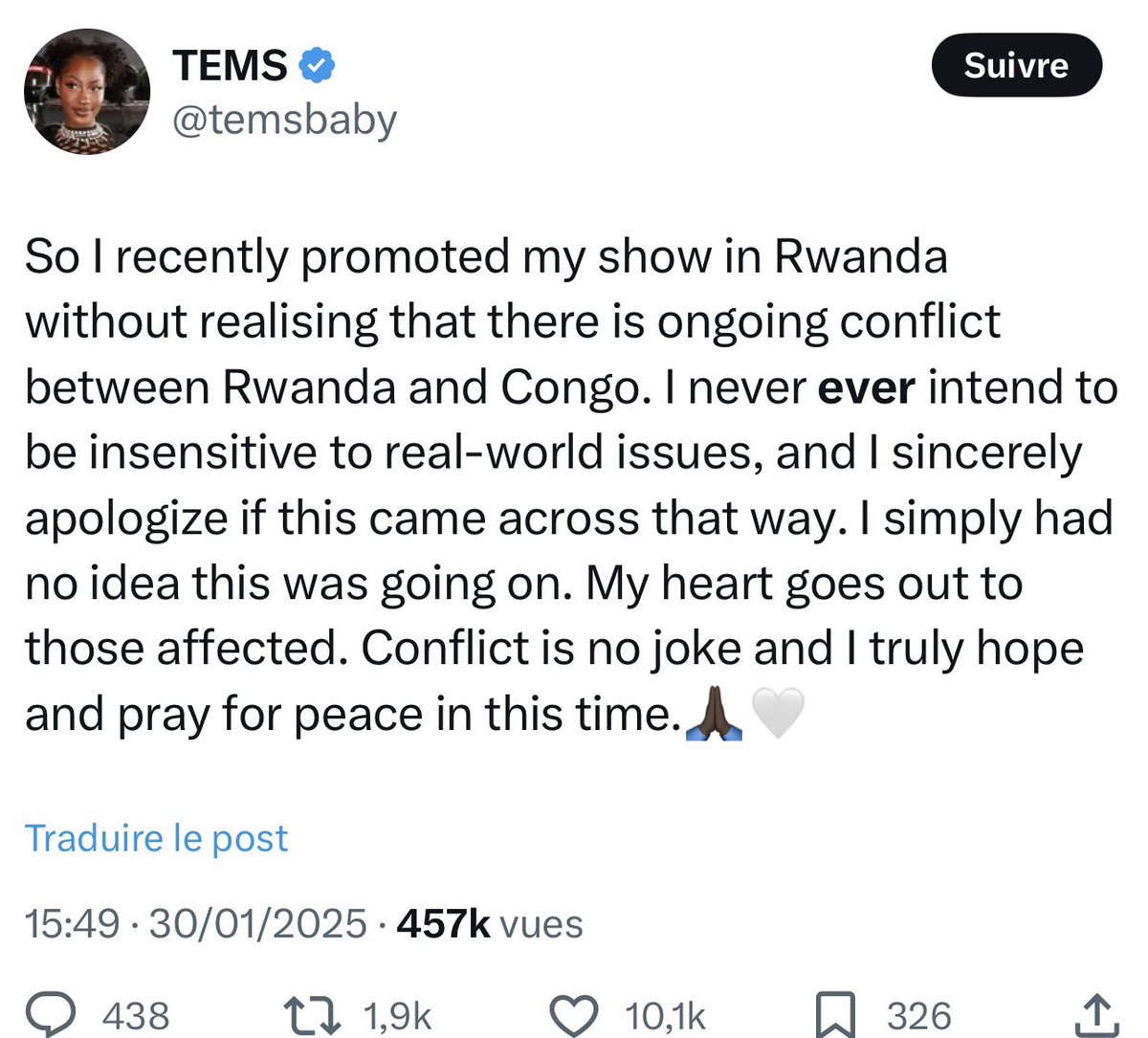 elmusicfeelings's tweet photo. ❌ TEMS s’excuse et annule son concert au Rwanda. 
La chanteuse avait posté une annonce pour un concert à Kigali, les internautes le lui ont reproché estimant que c’était un soutien au Rwanda sachant que le pays commet actuellement des MASSACRES dans sa guerre contre le CONGO.

« J'ai récemment fait la promotion de mon spectacle au Rwanda sans me rendre compte qu'il y avait un conflit en cours entre le Rwanda et le Congo. Je n'ai jamais eu l'intention d'être insensible aux problèmes du monde réel, et je m'excuse sincèrement si cela a été perçu de cette façon. Je n'avais tout simplement aucune idée de ce qui se passait. Mon cœur va à ceux qui sont touchés. La guerre n'est pas une blague et je prie pour la paix en cette période. 🙏🏿🤍 »