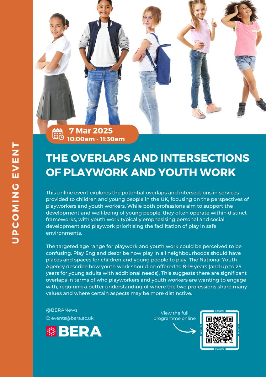I'm hosting a BERA event with <a href="/fincullen/">Fin</a> and Mike Seal on 7 Mar (10-11.30) exploring the intersection of youth work and playwork. Inspired by Gemma Lockyer Turnbull's <a href="/YouthandPolicy/">Youth & Policy</a> article youthandpolicy.org/articles/an-ag…, we'll hear from Dr Ali Long, Dr Mike Wragg and Gemma herself