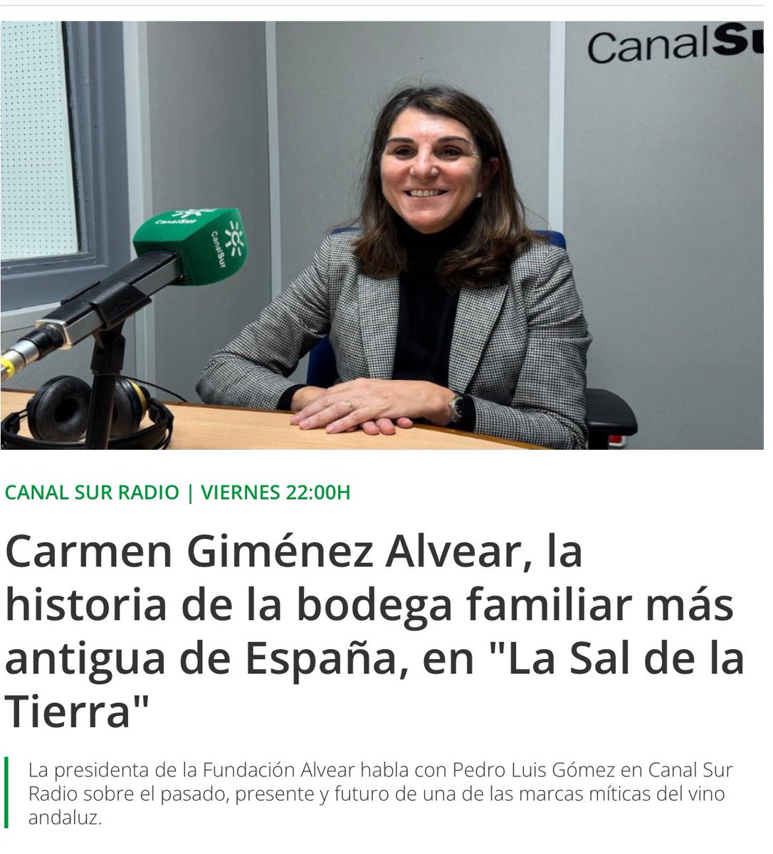 🗣️ Carmen Giménez Alvear, la historia de la bodega familiar más antigua de España, en "La Sal de la Tierra"
La presidenta de la Fundación Alvear habla en Canal Sur Radio sobre el pasado, presente y futuro de una de las marcas míticas del vino andaluz 
canalsur.es/rtva/carmen-gi…