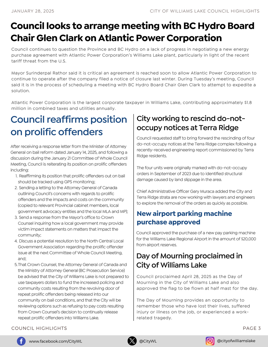 Read the latest City of Williams Lake Council Highlights from the Tuesday, January 28 Regular Meeting:
williamslake.ca/CivicAlerts.as…