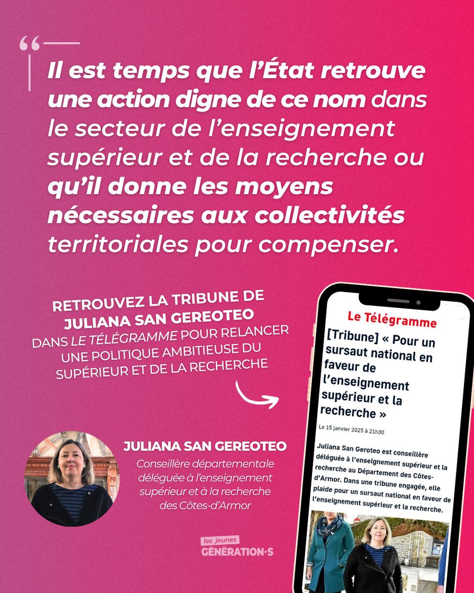 LesJeunesG's tweet image. "Il est temps que l’État retrouve une action digne de ce nom dans le secteur de l'ESR ou qu’il donne les moyens nécessaires aux collectivités territoriales pour compenser."

➡️ Retrouvez la tribune de Juliana San Geroteo, élue @GenerationsMvt : letelegramme.fr/opinions/tribu…