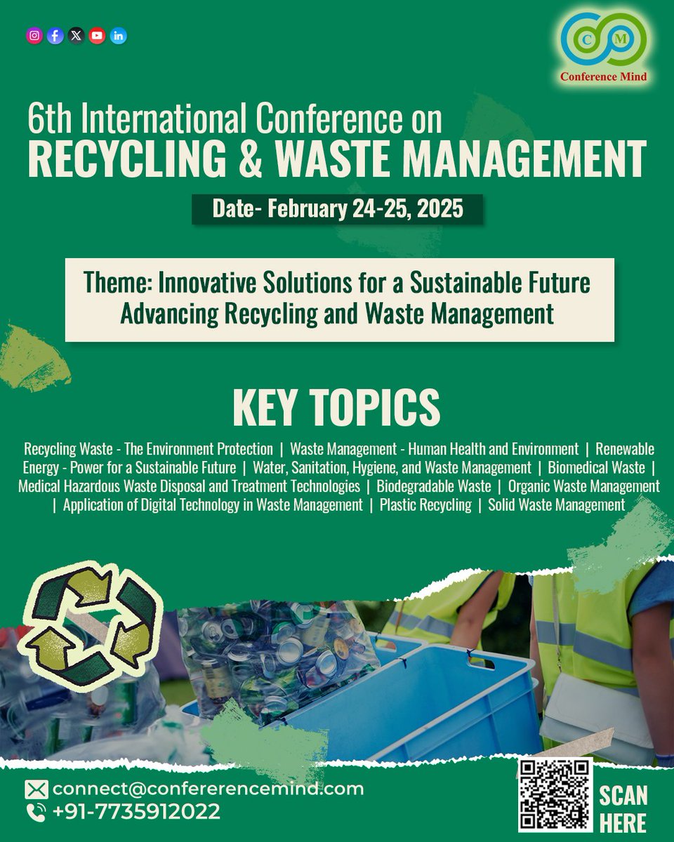 ♻️ Ready to reshape the future of sustainability?
Join the 6th International Conference on Recycling and Waste Management on Feb 24-25 and discover innovative solutions for a greener planet! 🌍🌱
 Register now. 
#ConferenceMind #Sustainability #WasteManagement #EcoInnovation