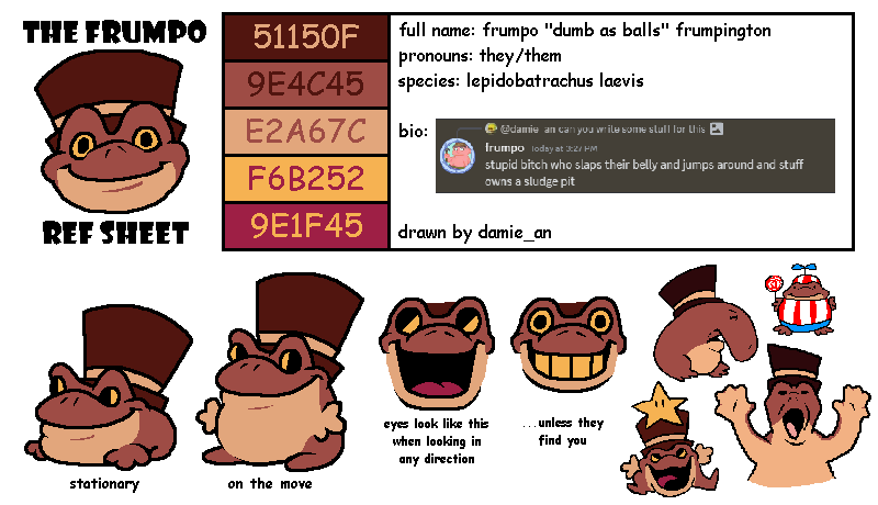 Frump0's tweet image. new me ref sheet! after almost a year! drawn by @damie_an hi 🐖