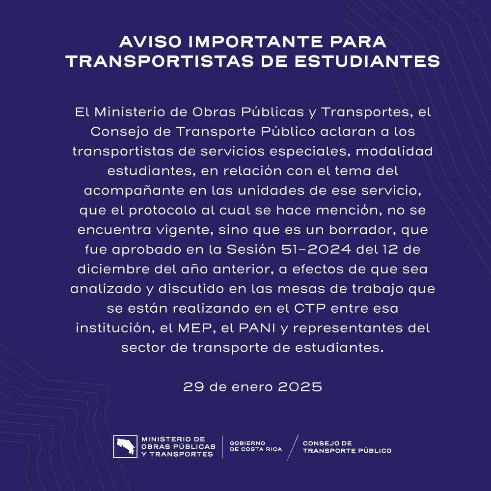 #Educación 📚
📢 Aviso Importante para Transportistas de Estudiantes

#Noticias #NoticiasPeriódicoMensaje #PeriódicoMensaje #PeriodicoMensajeGuanacaste #InformaciónCR #InformaciónDeGuanacaste #NoticiasGuanacaste #Guanacaste #CostaRica