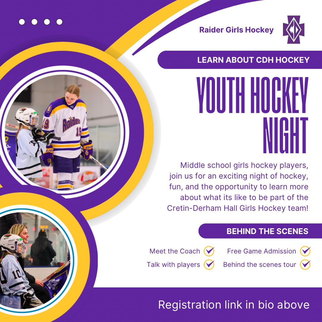 Calling all middle school girls interested in CDH Hockey! 

Join us Saturday, February 1st for an exciting night of hockey action, fun, and the chance to learn more about what it’s like to be part of the CDH Hockey team!

Register below ⬇️

admissions.cretin-derhamhall.org/cdh-girls-hock…