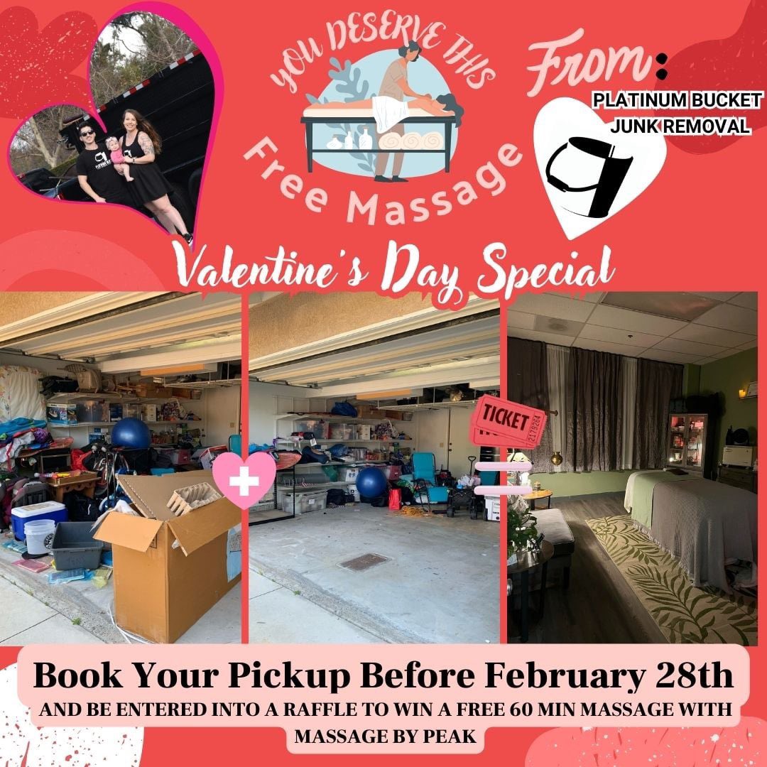 PlatinumBucket's tweet photo. FREE MASSAGE? That’s right! Book your pickup before February 28th and be entered into a raffle to win a FREE MASSAGE from Ashley Peak, Massage By Peak! 

You deserve to relax, so rest your legs, save your back, and call Platinum Bucket Junk Removal
https://t.co/FE0me85Ye3 https://t.co/8qMF61s9eg