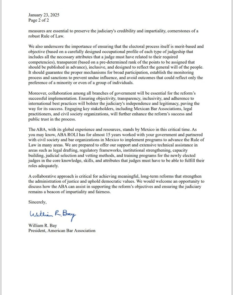 Compartimos el posicionamiento de la American Bar Association (ABA) a través de su Presidente William R. Bay, respecto de el proceso de reforma judicial en nuestro país.
