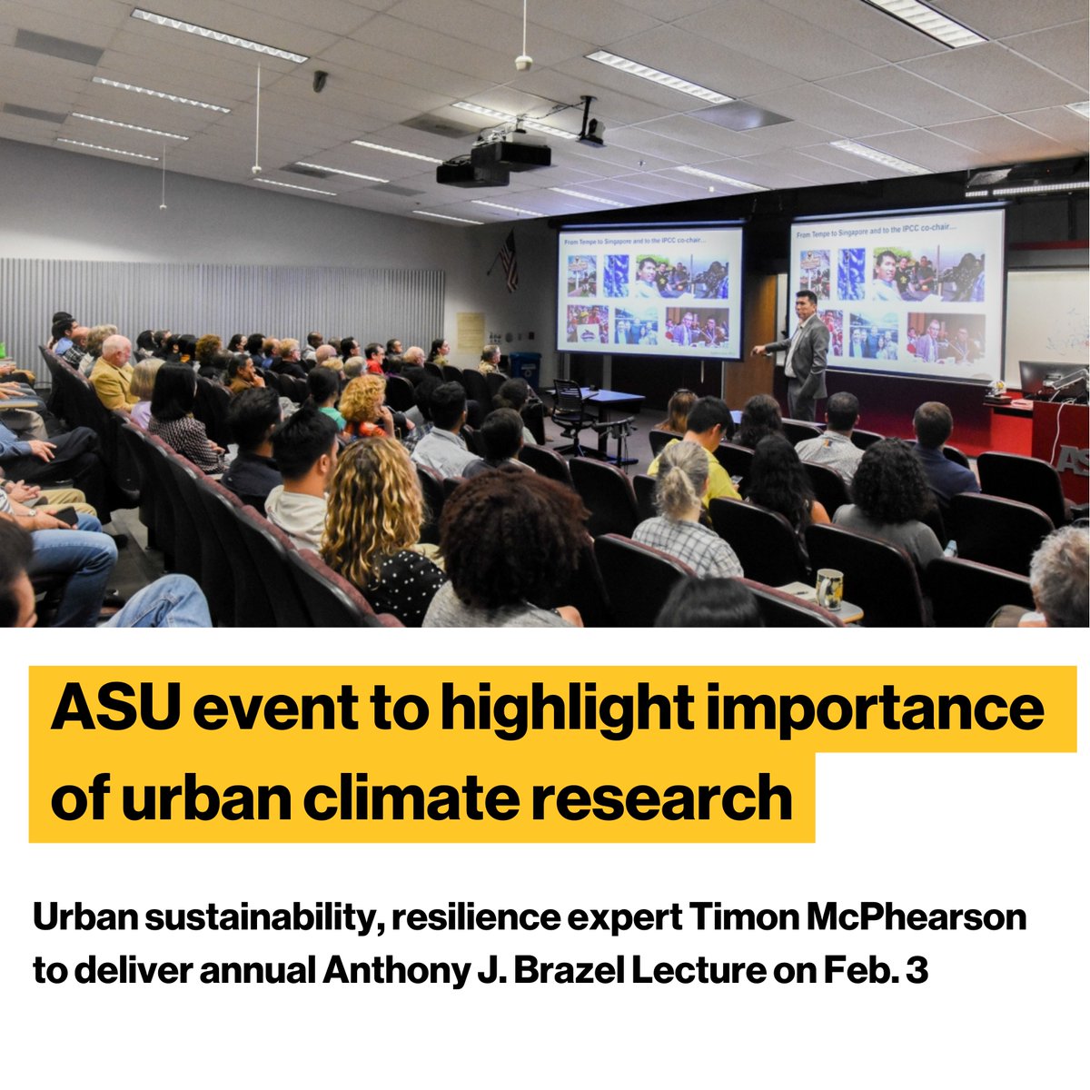 SGSUP at ASU (@asu_sgsup) on Twitter photo Join <a href="/ASUrbanClimate/">Urban Climate Research Center</a> for two annual events on #UrbanClimate innovation. 🌎✨
📢 Anthony Brazel Lecture w/ <a href="/timonmcphearson/">Timon McPhearson (he/him)</a>
📅 Feb. 3, 5—6PM
📢 Poster Event
📅 Feb. 3, 1—3PM
🌟 30+ #ASU students showcase urban environmental research.
🔗 More: bit.ly/4heDzCy Join <a href="/ASUrbanClimate/">Urban Climate Research Center</a> for two annual events on #UrbanClimate innovation. 🌎✨
📢 Anthony Brazel Lecture w/ <a href="/timonmcphearson/">Timon McPhearson (he/him)</a>
📅 Feb. 3, 5—6PM
📢 Poster Event
📅 Feb. 3, 1—3PM
🌟 30+ #ASU students showcase urban environmental research.
🔗 More: bit.ly/4heDzCy