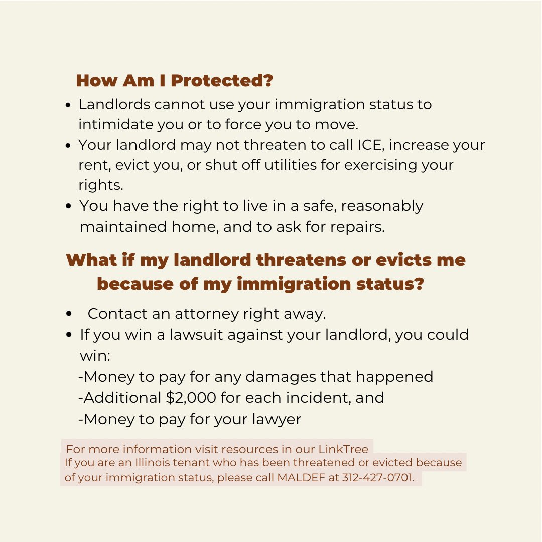 The Immigrant Tenant Protection Act: In Illinois, landlords cannot threaten or evict tenants because of their immigration status. 

ℹ️ povertylaw.org/article/itpa-f…