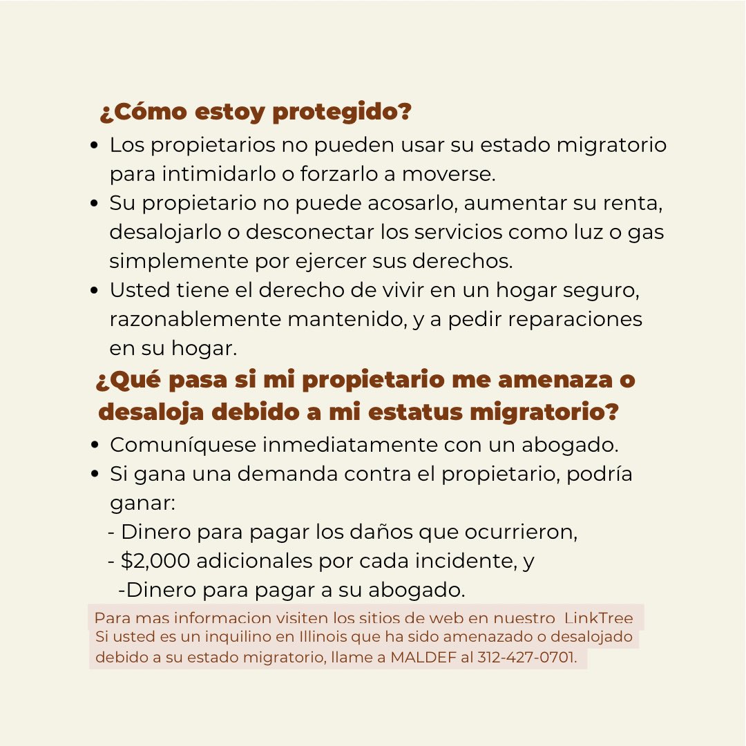 La Ley de Protección de Inquilinos Inmigrantes: En Illinois, los propietarios no pueden amenazar o desalojar a los inquilinos debido a su estatus migratorio.
ℹ️ povertylaw.org/article/itpa-f…