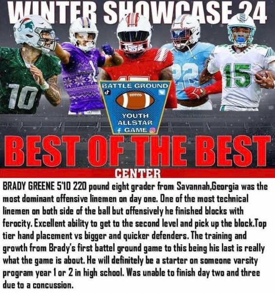 Thank you <a href="/GroundYouth/">Battle Ground Youth AllStar Football Game</a>

Goal is to get better everyday.  Blessed to train with the best.  

<a href="/CoachCarter2717/">Coach Sam Carter</a> <a href="/rob_deloach/">Rob USAF Veteran-Ammo</a> <a href="/bobiewoodward/">Coach Baker Woodward</a> <a href="/LoganTillman/">Logan Tuley-Tillman</a> <a href="/wedding_daniel/">Daniel Wedding</a> <a href="/LT2FBA/">LT2FBA Global</a> <a href="/KingNick66/">Nick Buchanan</a> <a href="/TheKineticLiNK/">The Kinetic LiNK LLC</a> <a href="/Velocity_FB/">Velocity Football Academy™</a> <a href="/RecruitGeorgia/">Recruit Georgia</a>