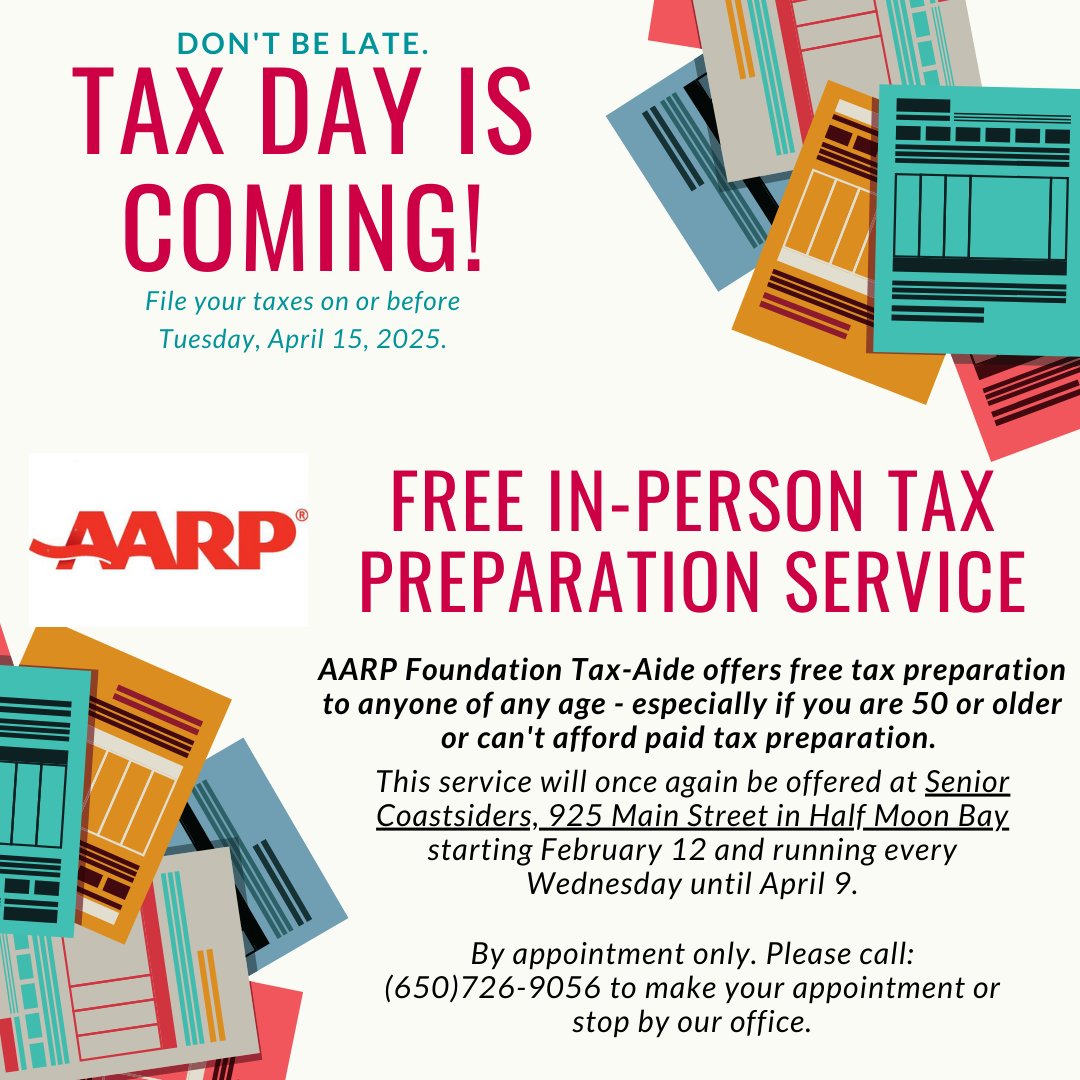 Senior Coastsiders is hosting FREE tax services by AARP. Appointments are Wednesdays from 9am-2:30pm, February 12-April 9th. You must make an appointment. Call 650-726-9056 to book an appointment. #aarp #seniorcoastsiders #taxes2025 #taxprep