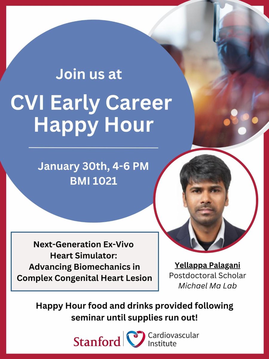 Thanks <a href="/StanfordCVI/">Stanford CVI</a> for allowing our postdoc scholar the opportunity to showcase their work! 😃 Yellappa Palagani, PhD, from Dr. <a href="/MikeMaMD/">Mike Ma</a>'s lab, will present work looking at heart simulators and biomechanics in congenital heart lesions. 🫀