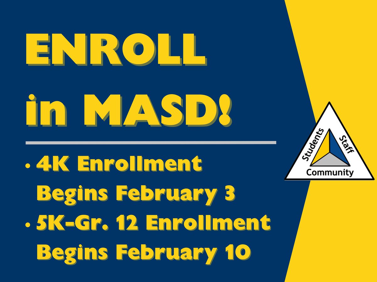 New to the district or looking at enrolling your 4K or 5K student?  Enrollment for the 2025-26 school year begins soon!

Four-year-old kindergarten enrollment opens Monday, February 3.  5K-Grade 12 enrollment begins Monday, February 10.  

Learn more at masd.k12.wi.us/District/Prosp….