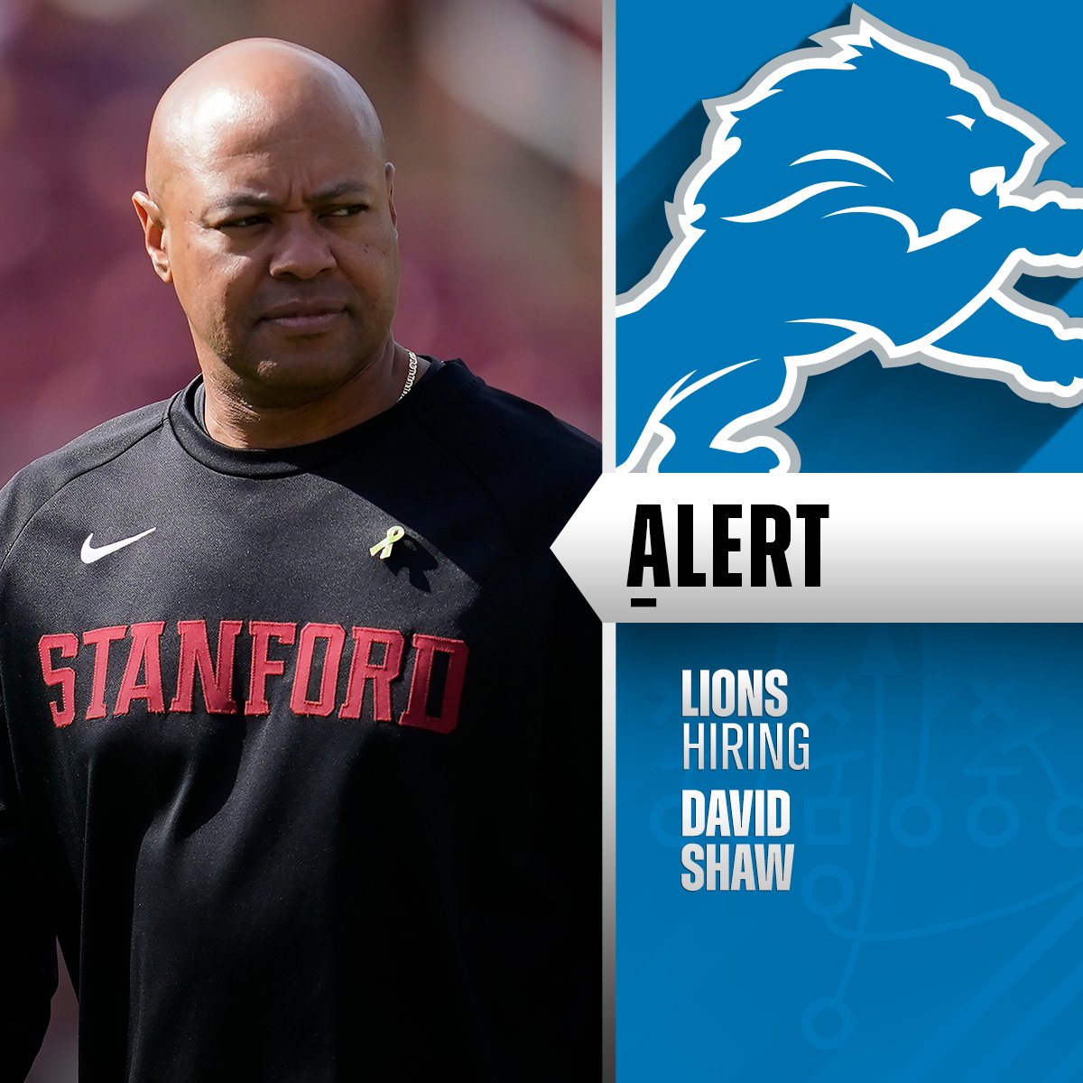 Lions hiring former Stanford head coach David Shaw as passing game coordinator. (via <a href="/TomPelissero/">Tom Pelissero</a>)